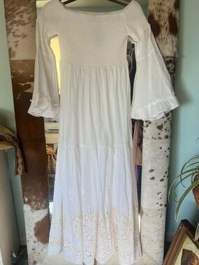 White Smocked Eyelet Lace Maxi Dress Dôen Inspired Cottagecore Boho OS